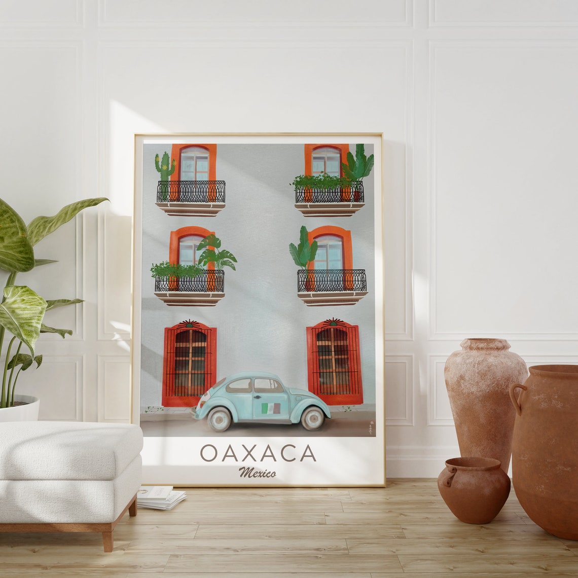 Oaxaca Mexico Light Blue VW Beetle Facade Folk Art Travel Poster - Image 4