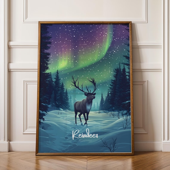 Reindeer Under Northern Lights Lapland Finland Winter Night Poster