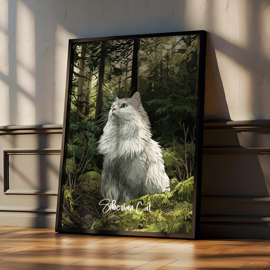Fluffy Siberian Cat Sitting in a Green Forest Illustrated Poster