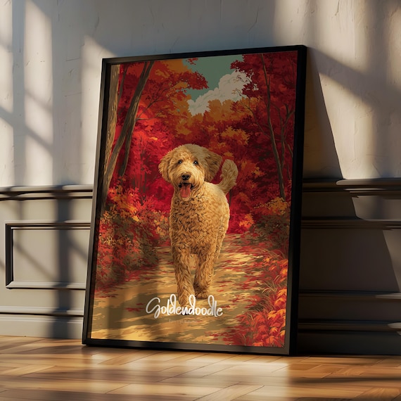 Happy Goldendoodle Dog on Autumn Forest Path Fall Art Poster