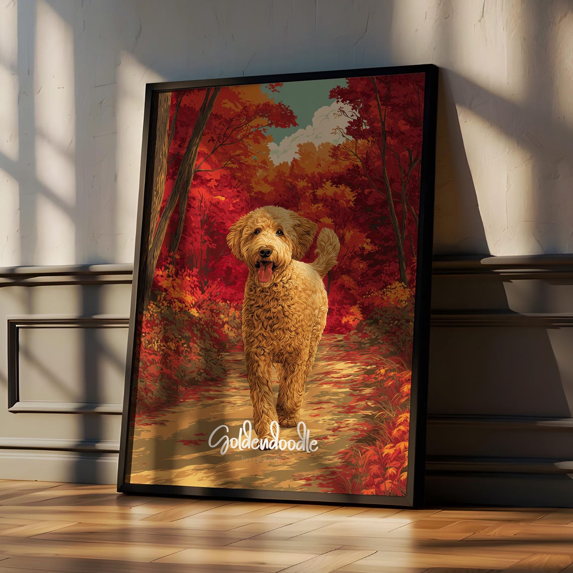 Happy Goldendoodle Dog on Autumn Forest Path Fall Art Poster