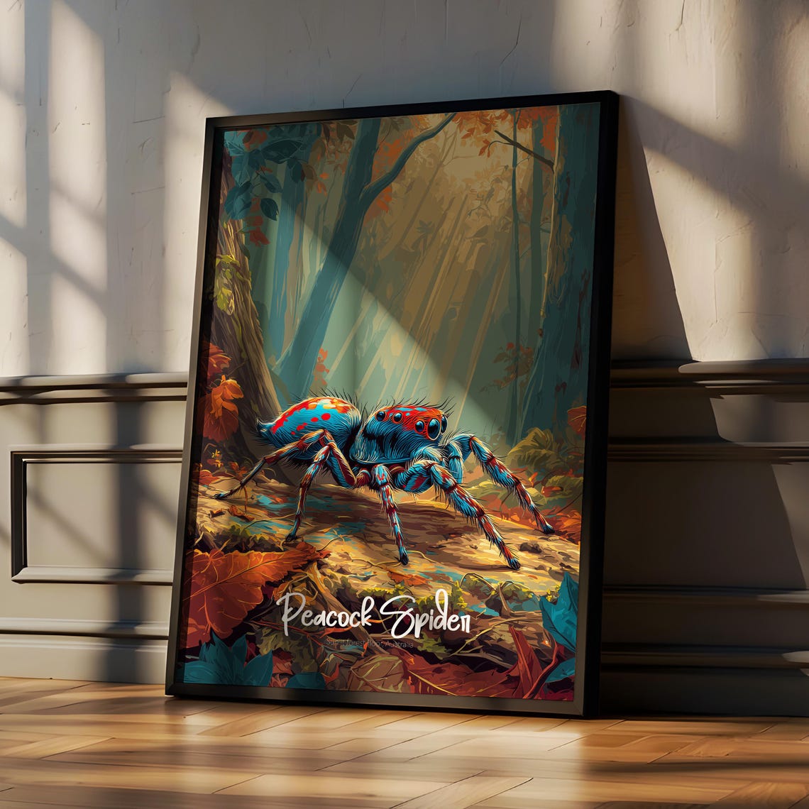 Colorful Peacock Spider on Autumn Forest Floor Illustrated Poster