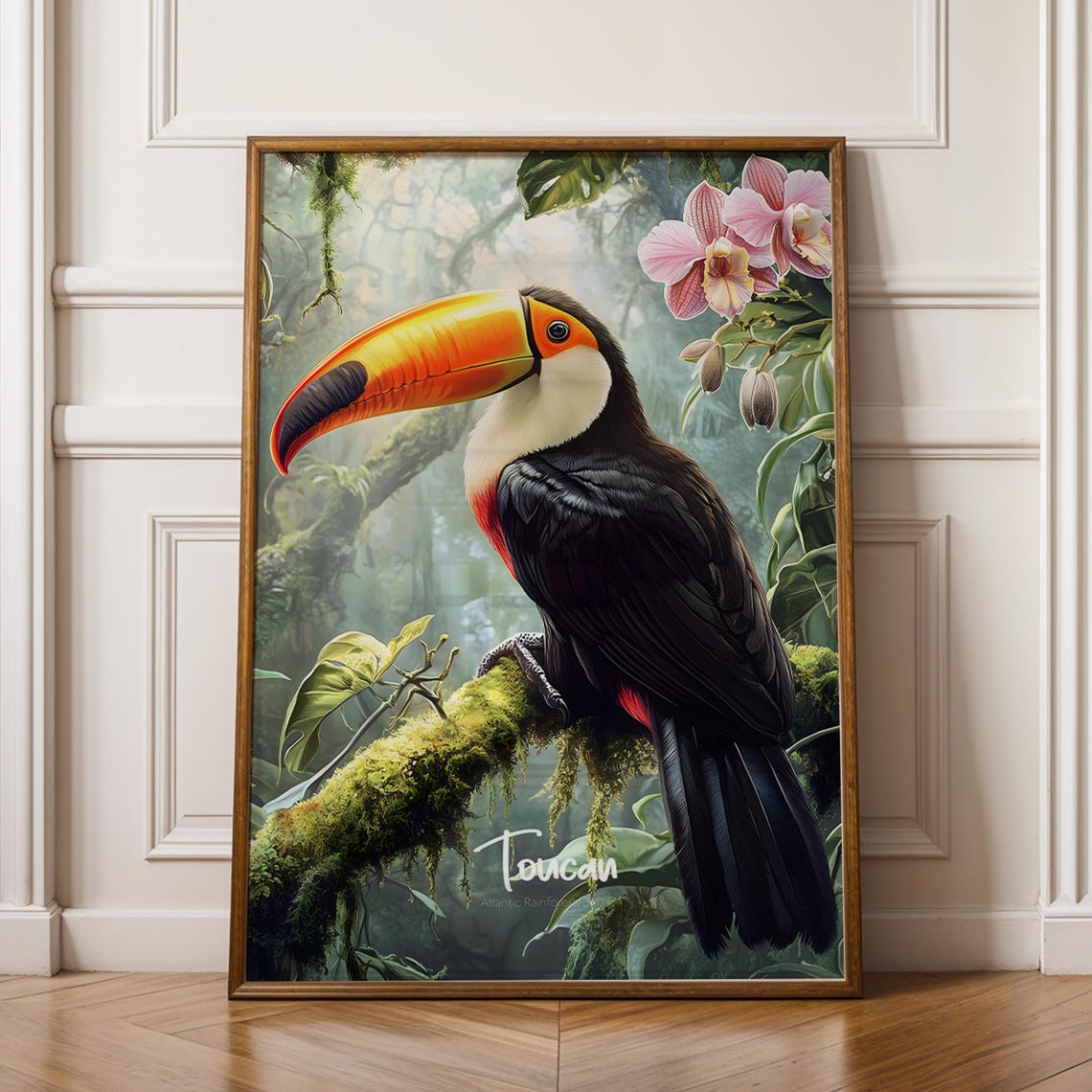Tropical Toco Toucan on Mossy Rainforest Branch Orchid Bird Poster
