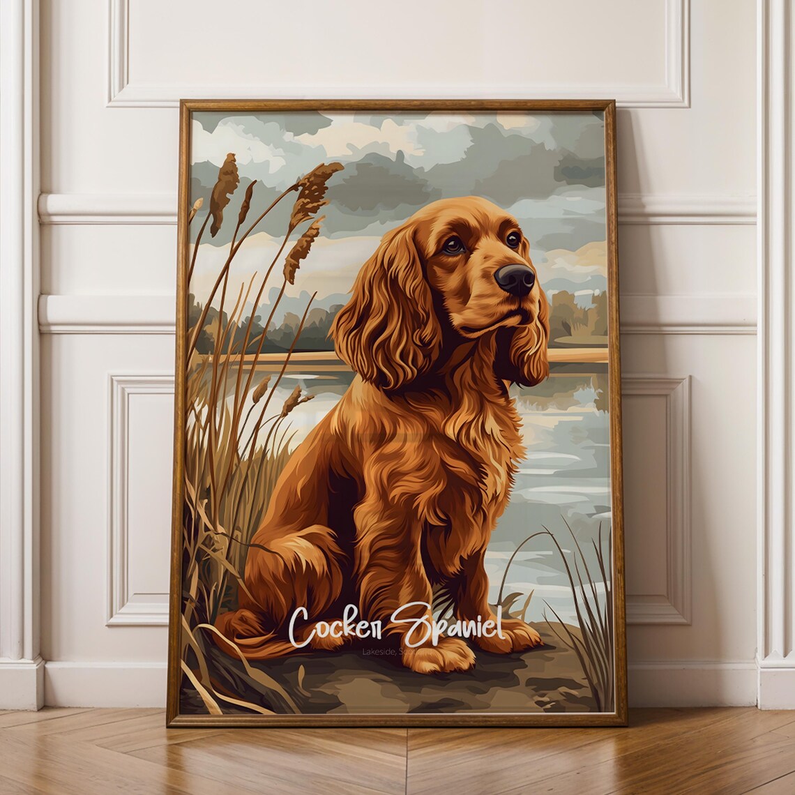 Cocker Spaniel by the Lake Golden Dog Portrait Pet Art Poster