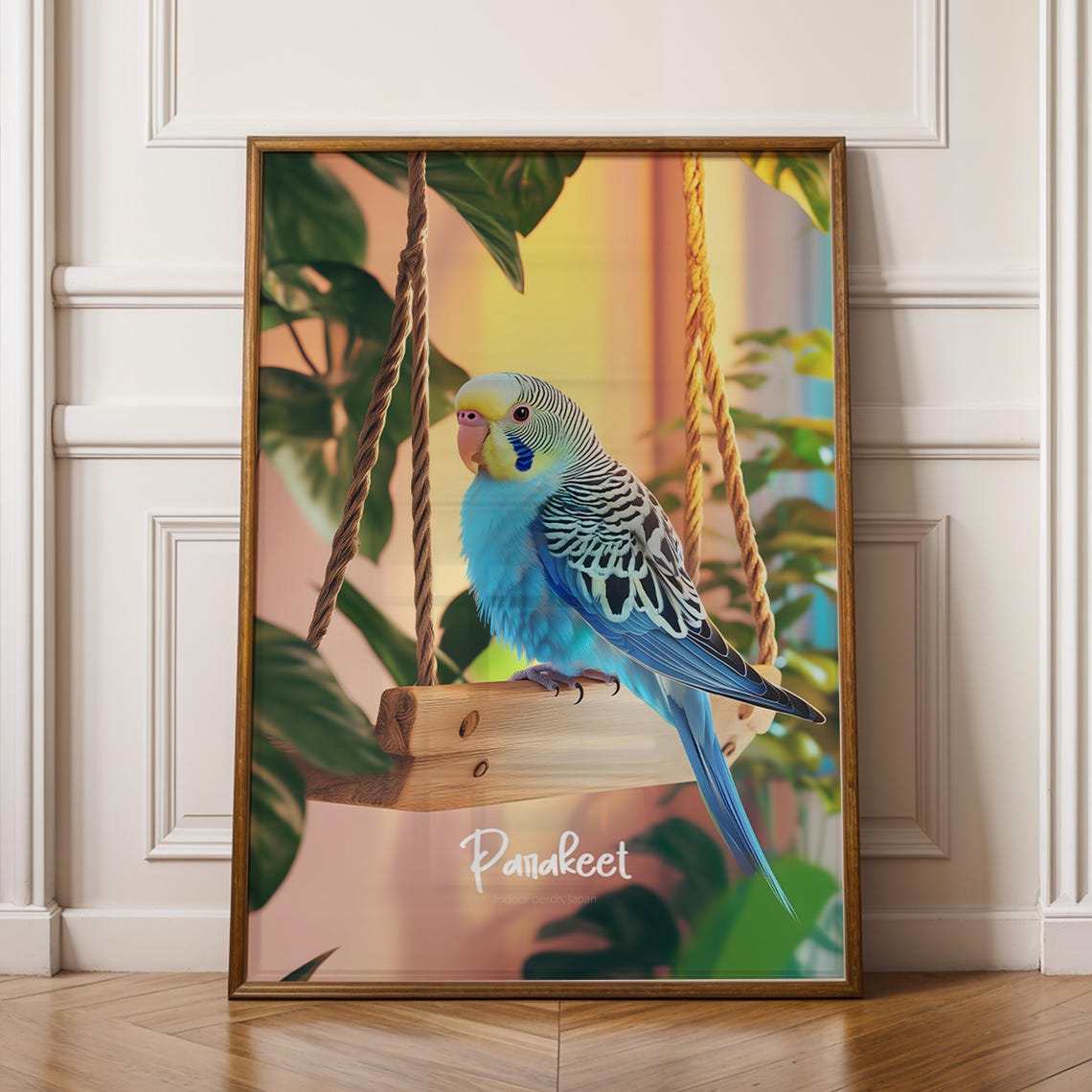 Blue Yellow Parakeet on Indoor Rope Swing Tropical Bird Poster
