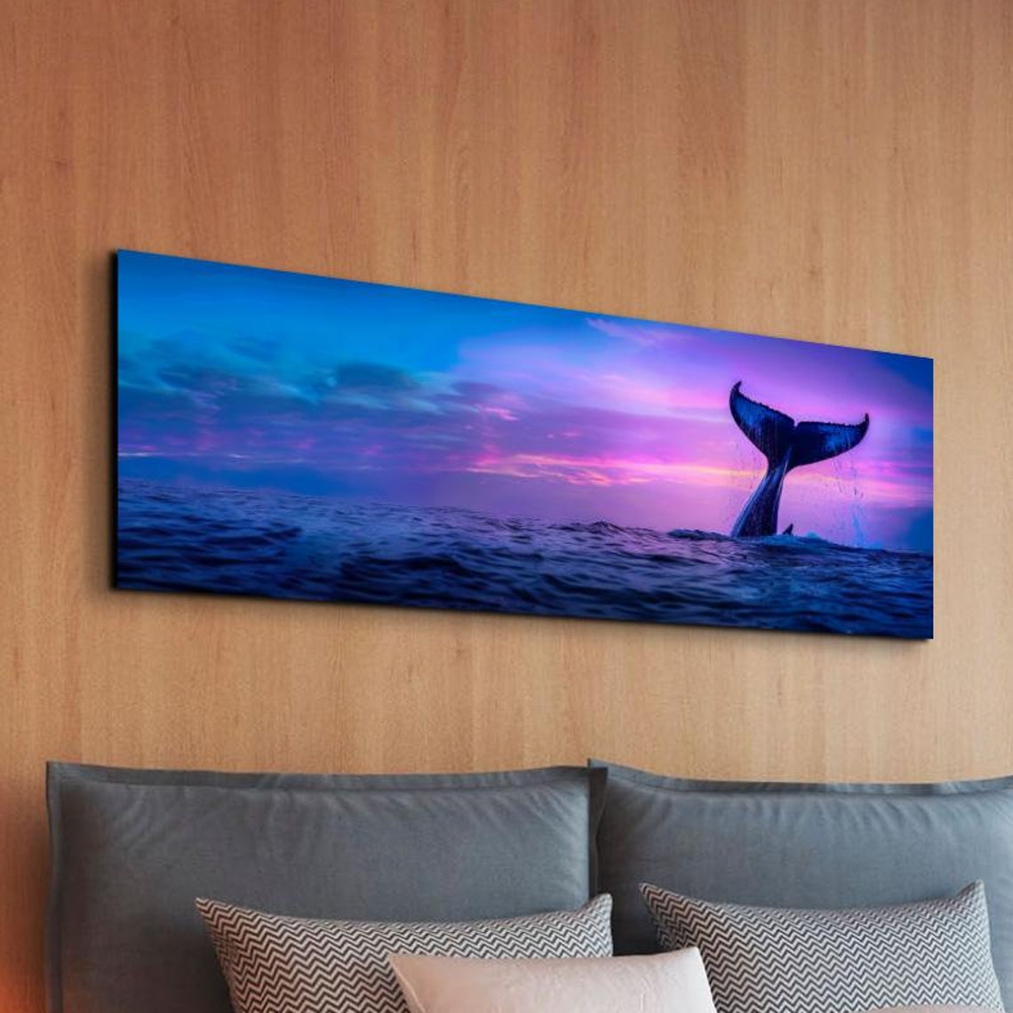 Whale Tail Silhouette Purple Sunset Ocean Panoramic View Poster
