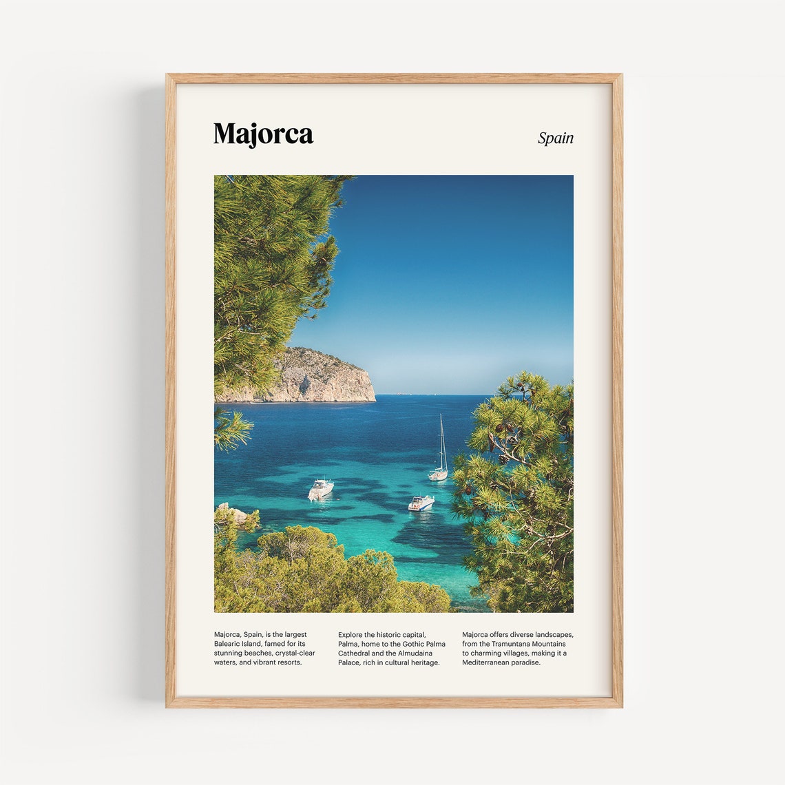 Majorca Spain Turquoise Cove Boats Pine Trees Island Scene Poster