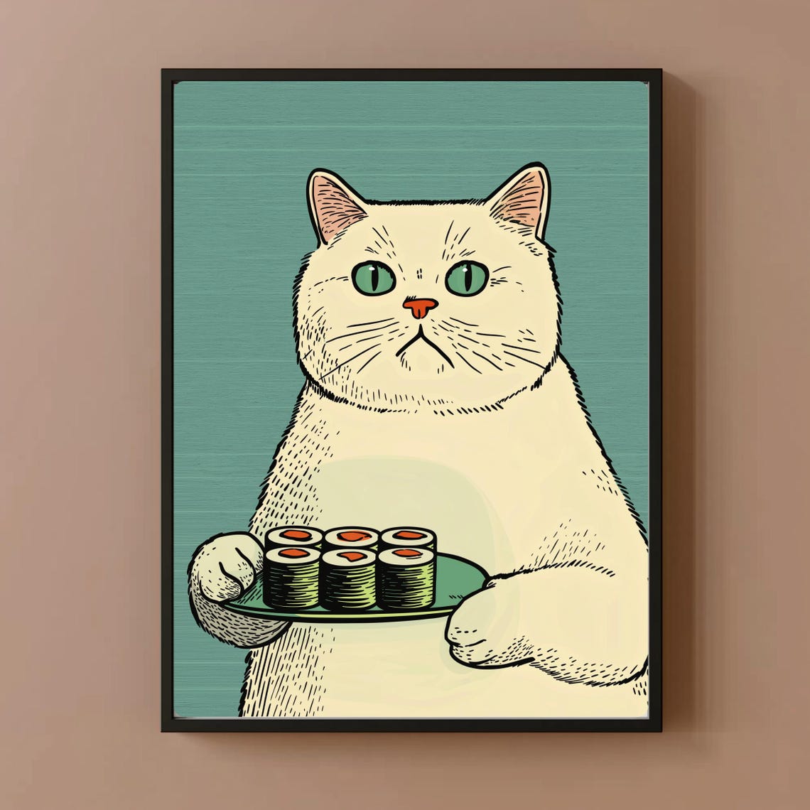 Grumpy White Cat Holding A Plate Of Sushi Funny Kitchen Poster