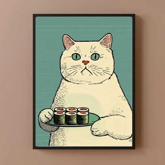 Funny Cat Poster Sushi Art Print Quirky Home Decor Gifts For Lovers