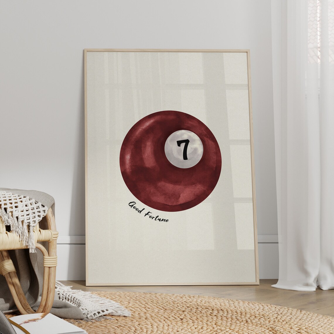 Good Fortune Dark Red 7 Ball Pool Watercolor Retro Style Poster