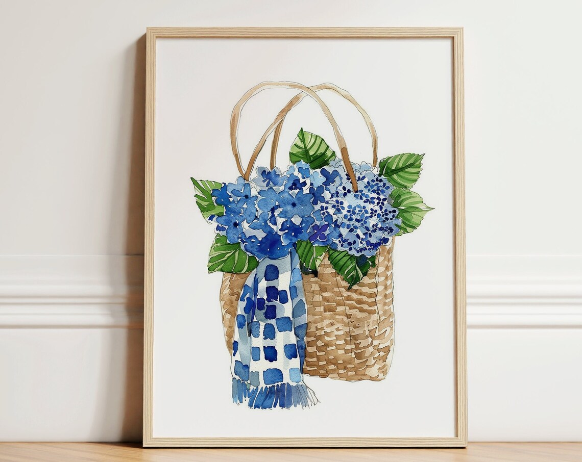 Blue Hydrangeas in Woven Tote Bag Watercolor Floral Wall Art