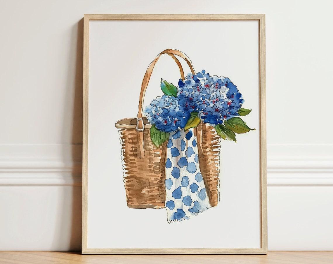 Blue Hydrangeas Wicker Basket Coastal Watercolor Floral Poster