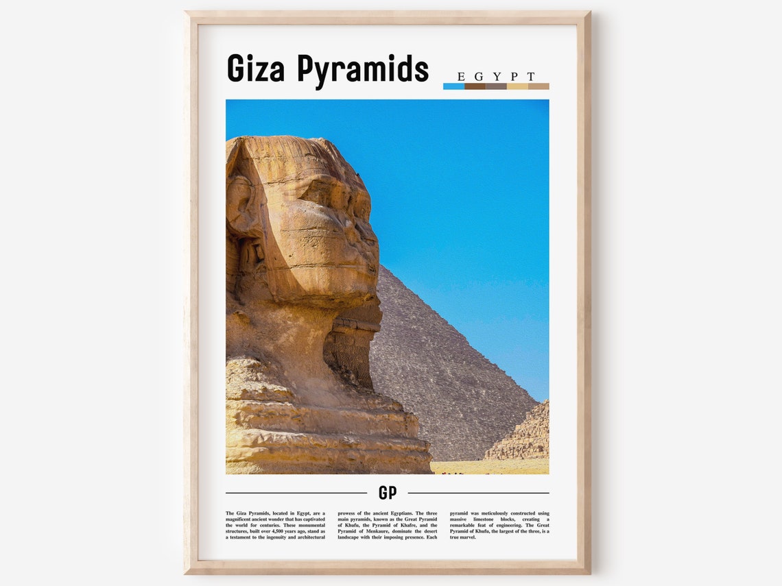 Giza Pyramids Egypt Sphinx Color Travel Poster with Desert Artwork