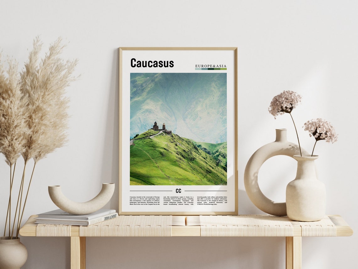 Caucasus Hilltop Church Green Mountains Minimal Travel Poster - Image 3