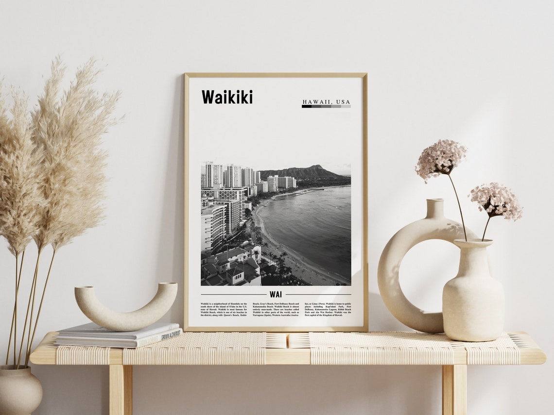 Waikiki Hawaii Black and White Diamond Head Beach Photo Poster - Image 3