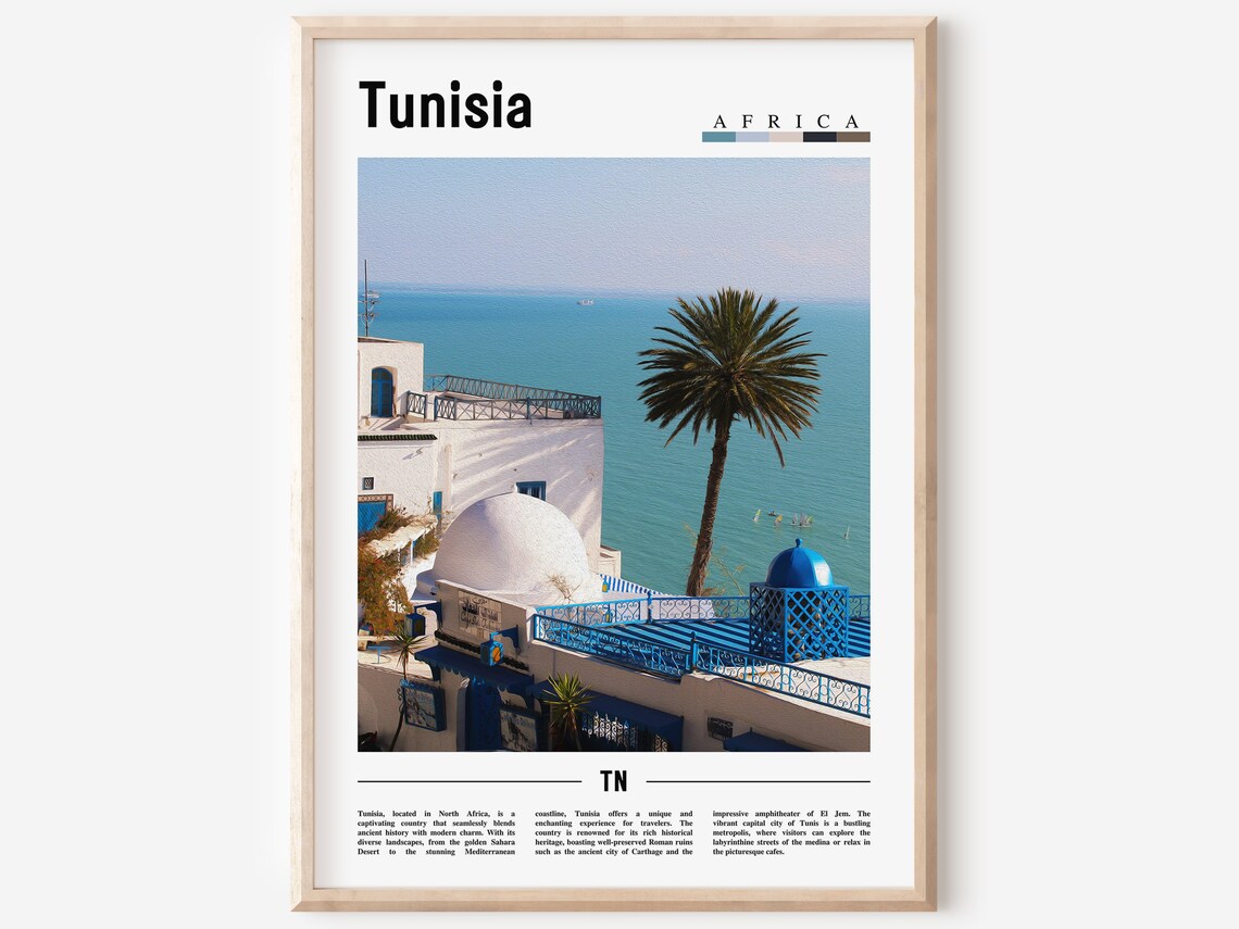 Tunisia Africa Blue White Coastal Town Mediterranean Photo Poster