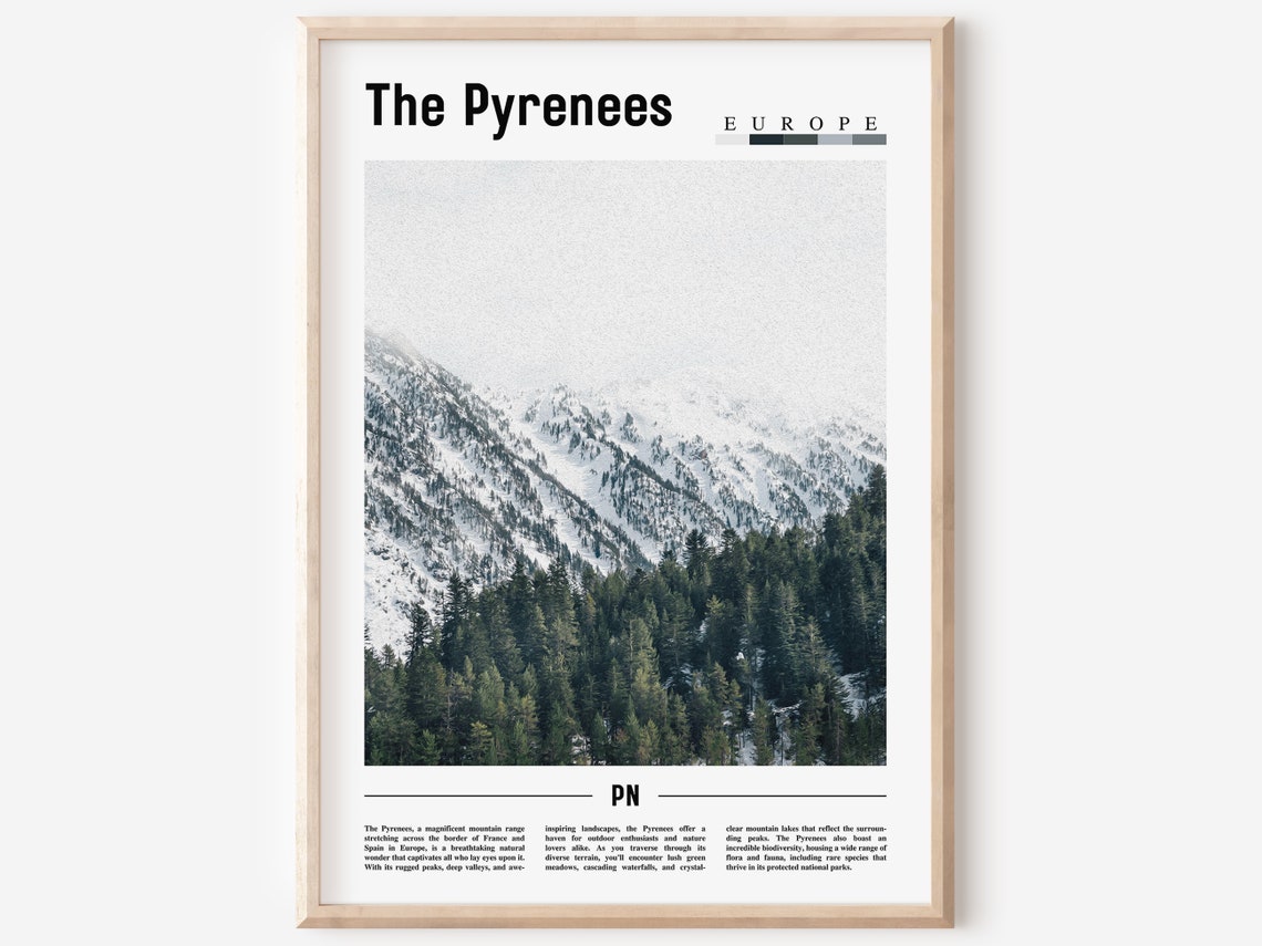 The Pyrenees Europe Snowy Mountain Peaks Forest Minimal Travel Poster