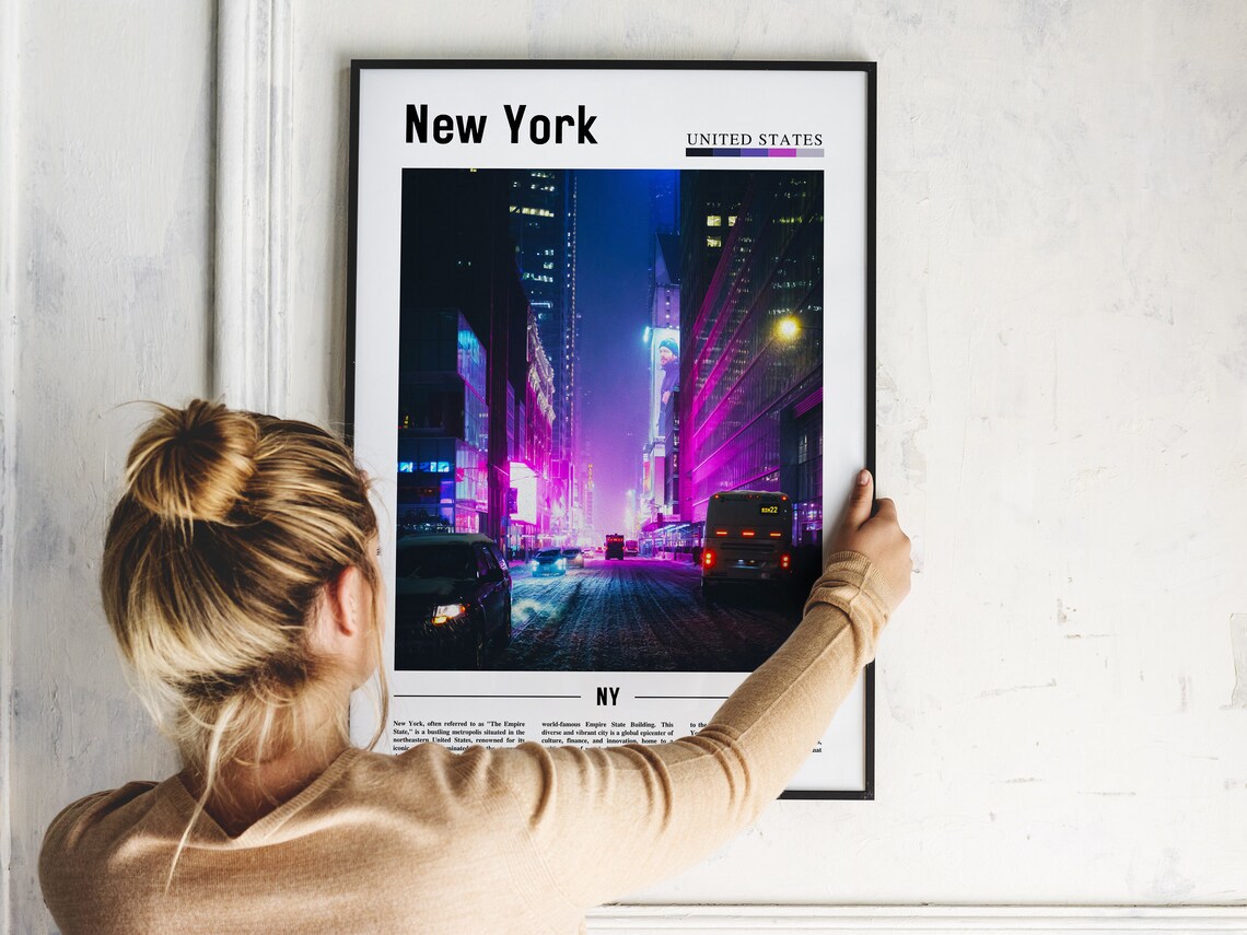 New York Neon Lit Rainy Street Night City Lights Urban Poster - Image 2