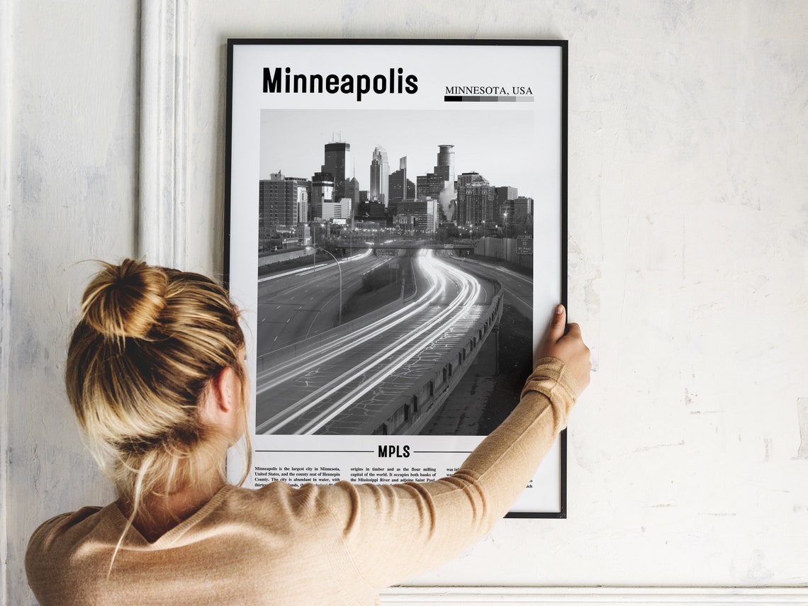 Minneapolis Skyline Black And White Highway Light Trails Travel Poster - Image 2