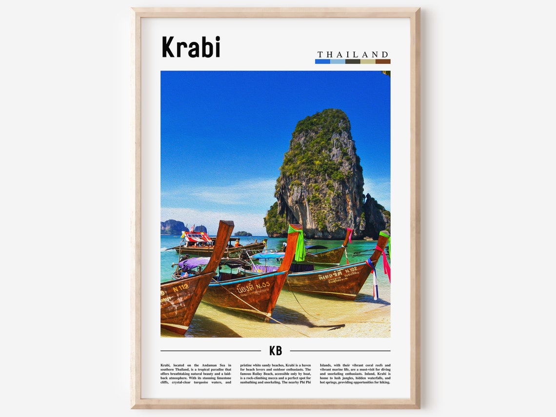 Krabi Thailand Longtail Boat Beach Limestone Cliff Travel Poster