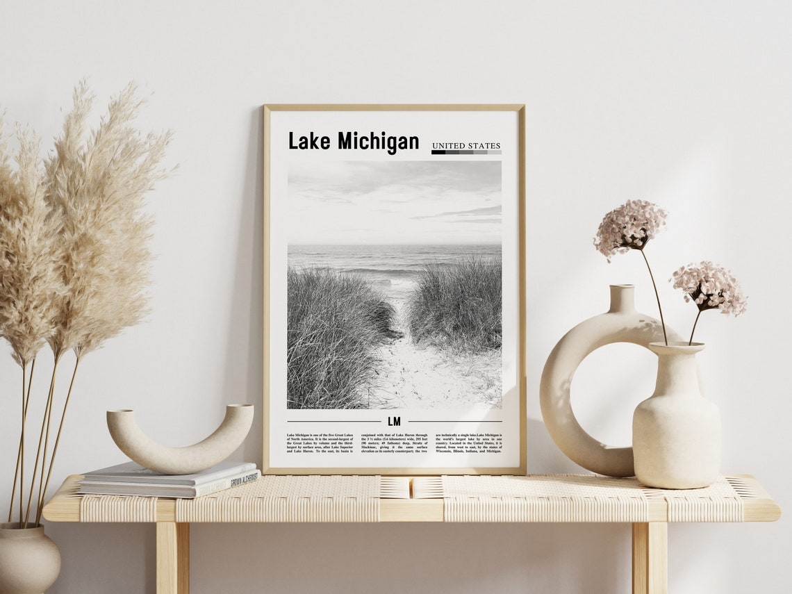 Lake Michigan Poster Black And White Lake Michigan Print Black And White Lake Michigan Wall Art Minimal Travel Print Travel Poster - Image 3