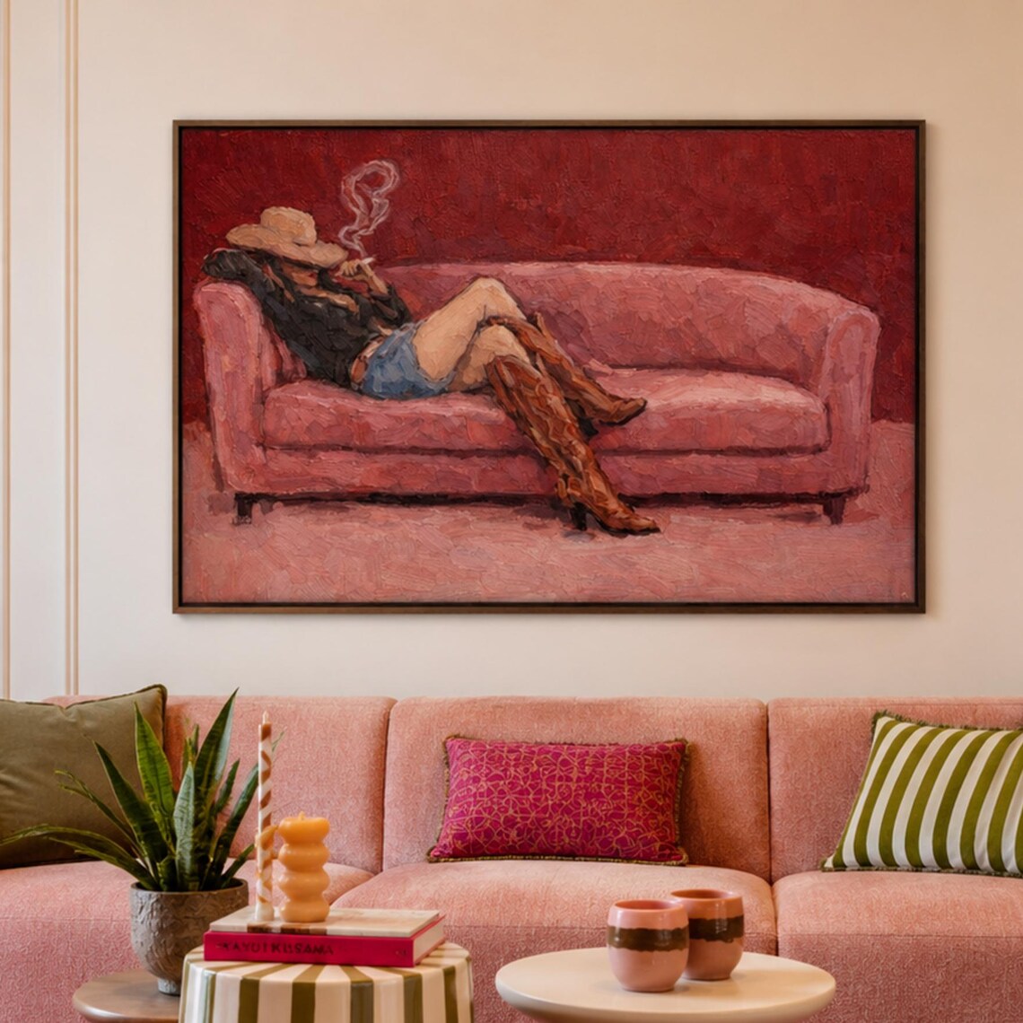 Relaxed Cowgirl Lounging On Pink Sofa Bold Red Oil Painting Poster