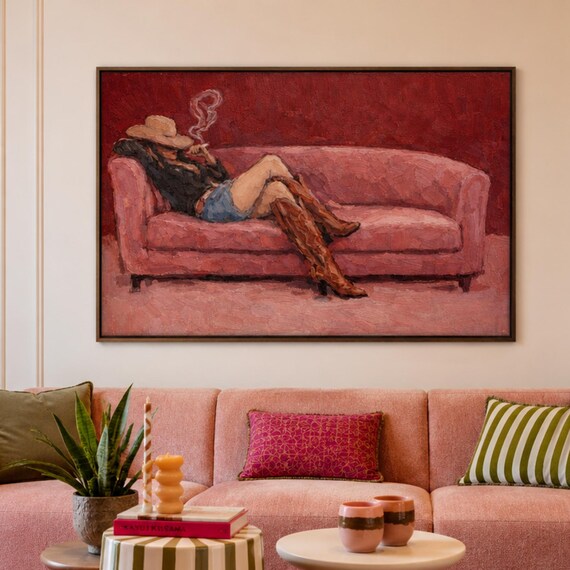 Abstract Cowgirl Woman In Sofa Pink Ruby Oil Painting Print Horizontal Maximalist Wall Art Hand Drawn Mid Century Modern Western Poster