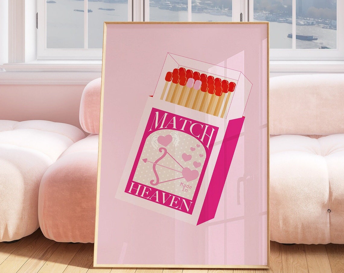 Match Made In Heaven Pink Retro Heart Matchbox Cupid Bow Poster - Image 3