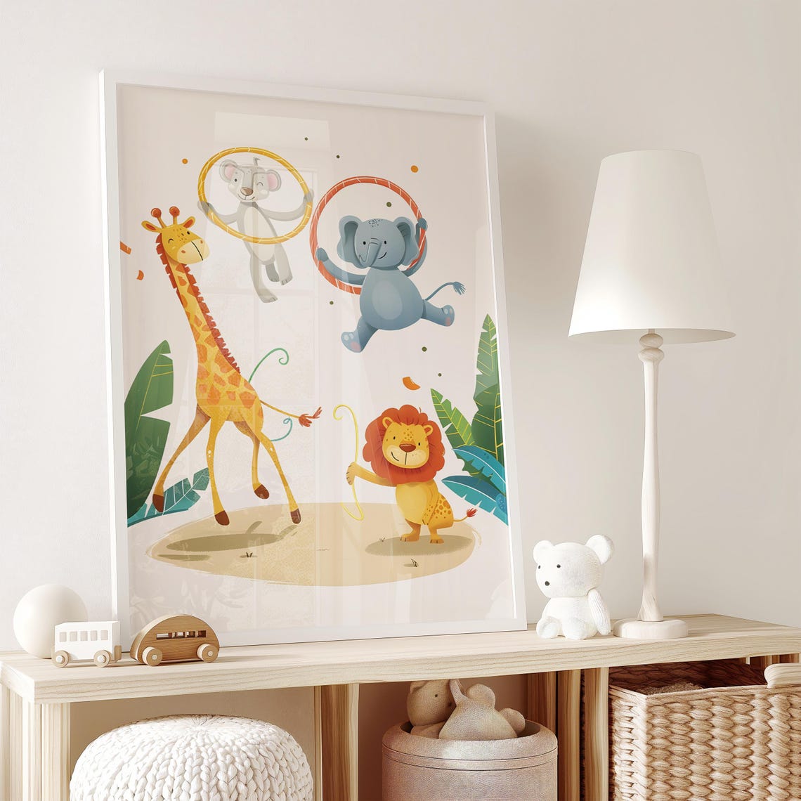 Safari Animals Hula Hoop Giraffe Lion Playful Kids Room Poster - Image 2