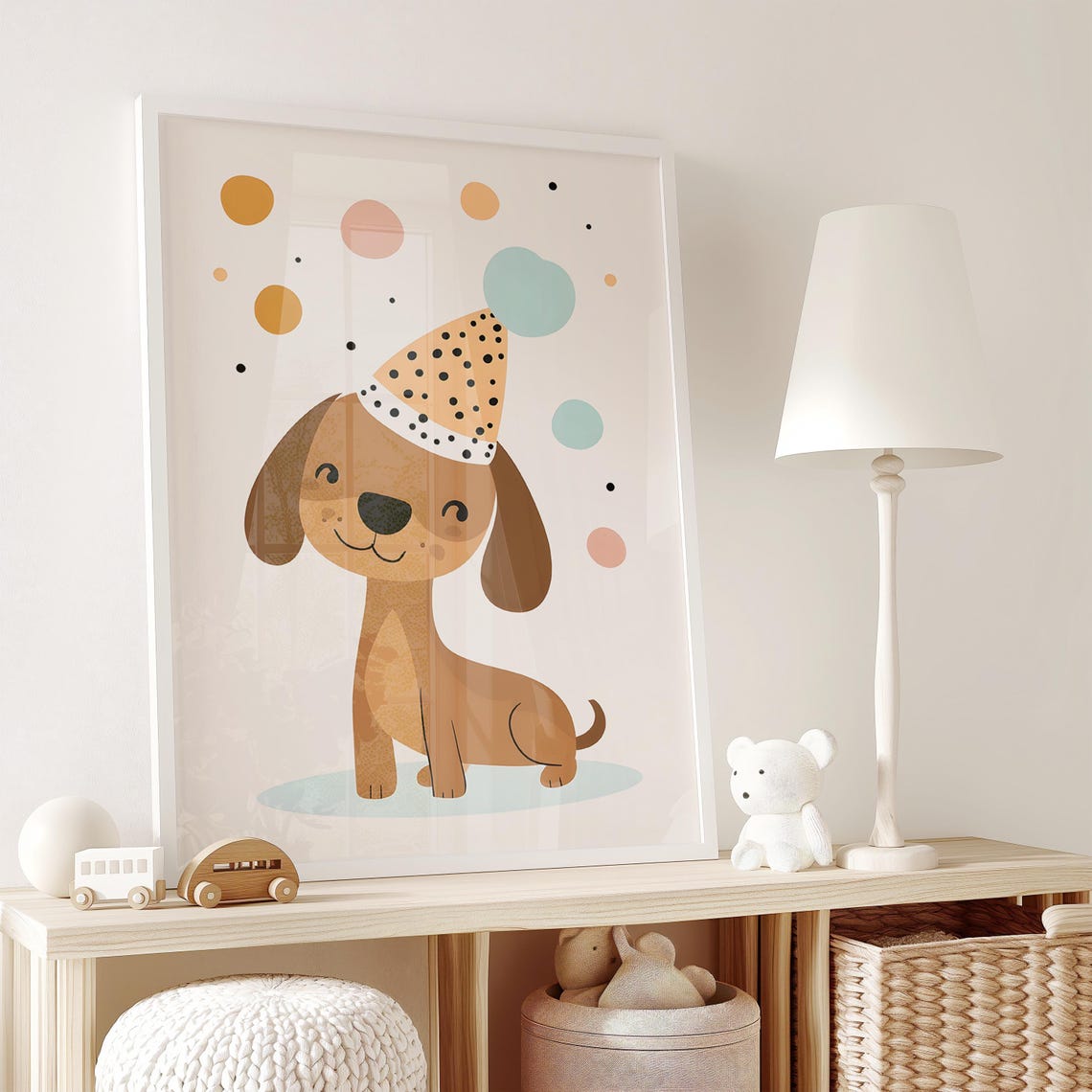 Grinning Brown Puppy in Party Hat With Confetti Circles Poster - Image 2
