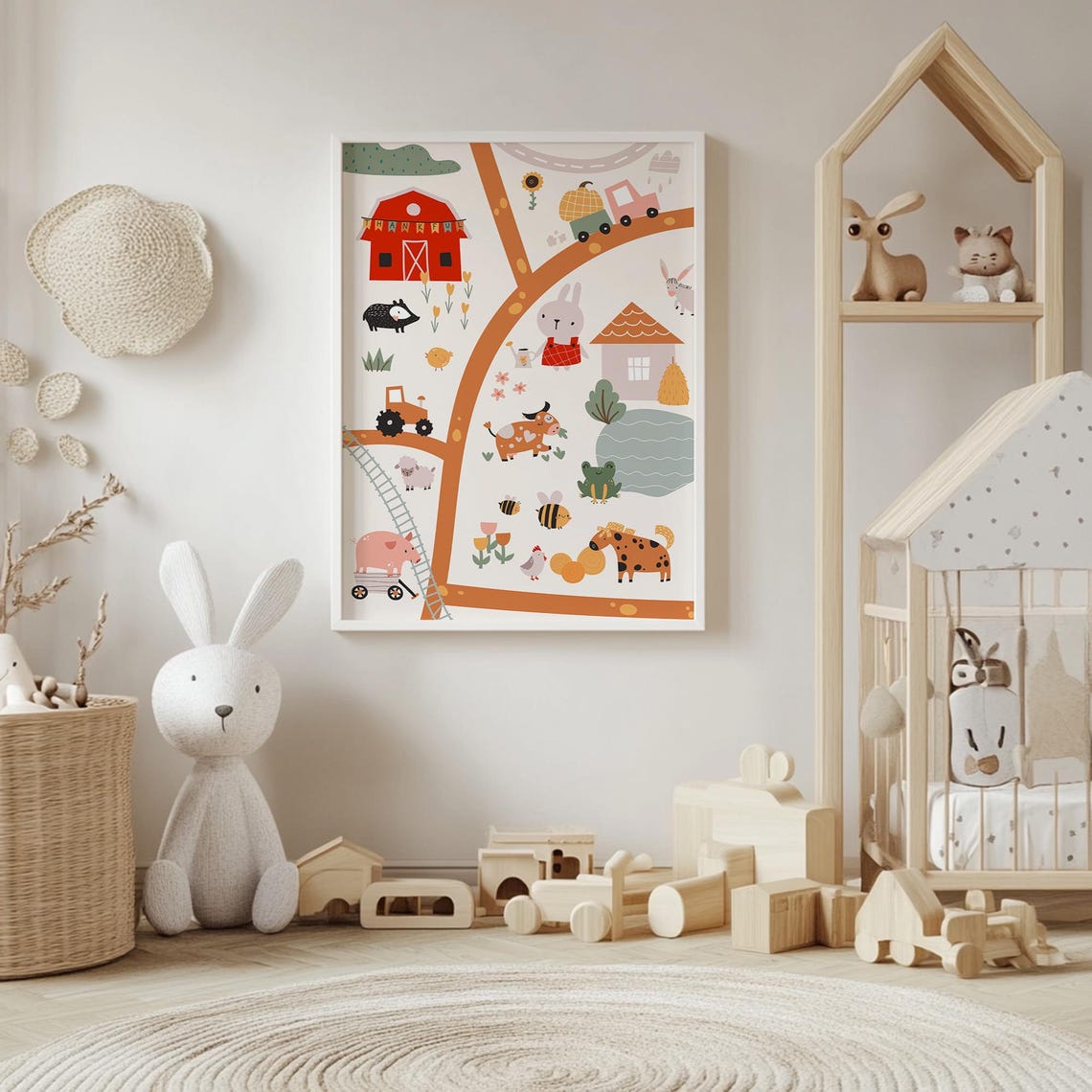 Whimsical Farm Animals Scene Map Educational Kids Room Wall Poster - Image 4