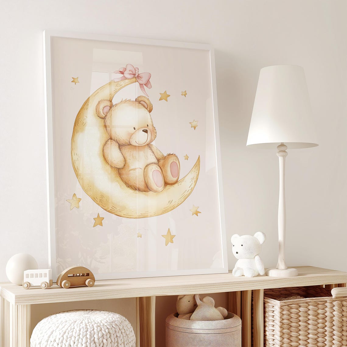 Teddy Bear Sleeping On Crescent Moon Pink Bow Nursery Wall Poster - Image 2