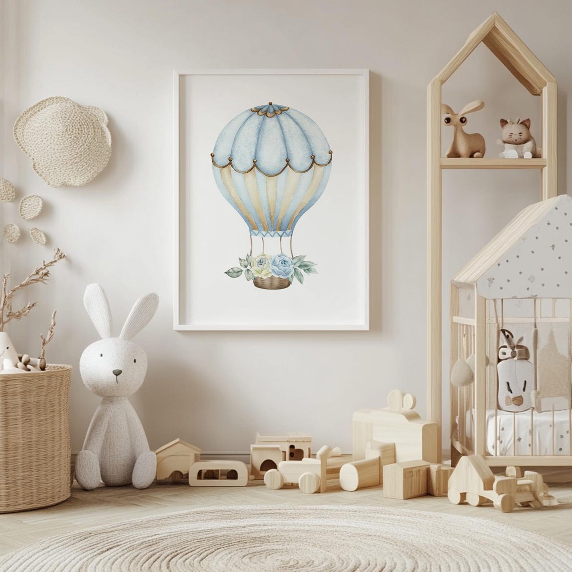Blue And Gold Floral Hot Air Balloon Watercolor Nursery Wall Poster - Image 4