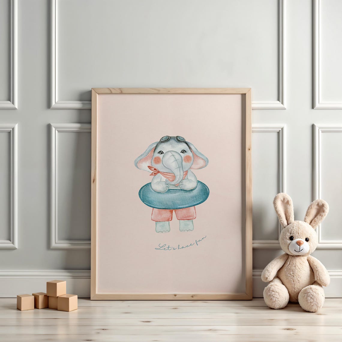 Playful Baby Elephant With Swim Ring Cute Watercolor Nursery Poster - Image 3