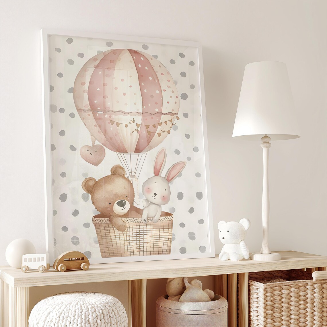 Teddy Bear and Bunny Riding a Pink Hot Air Balloon Nursery Poster - Image 2