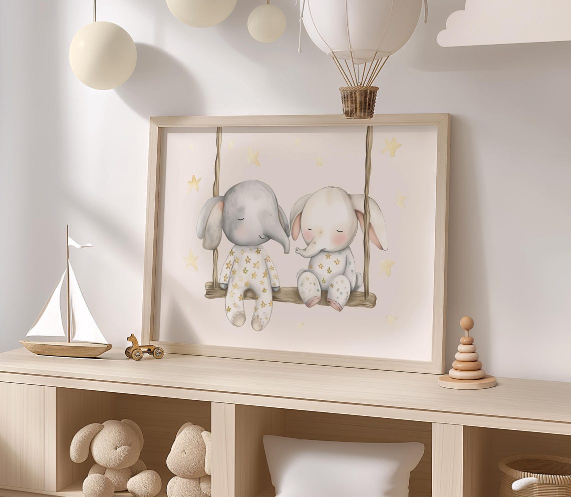 Two Baby Elephants On Swing In Pajamas Dreamy Nursery Wall Poster - Image 2