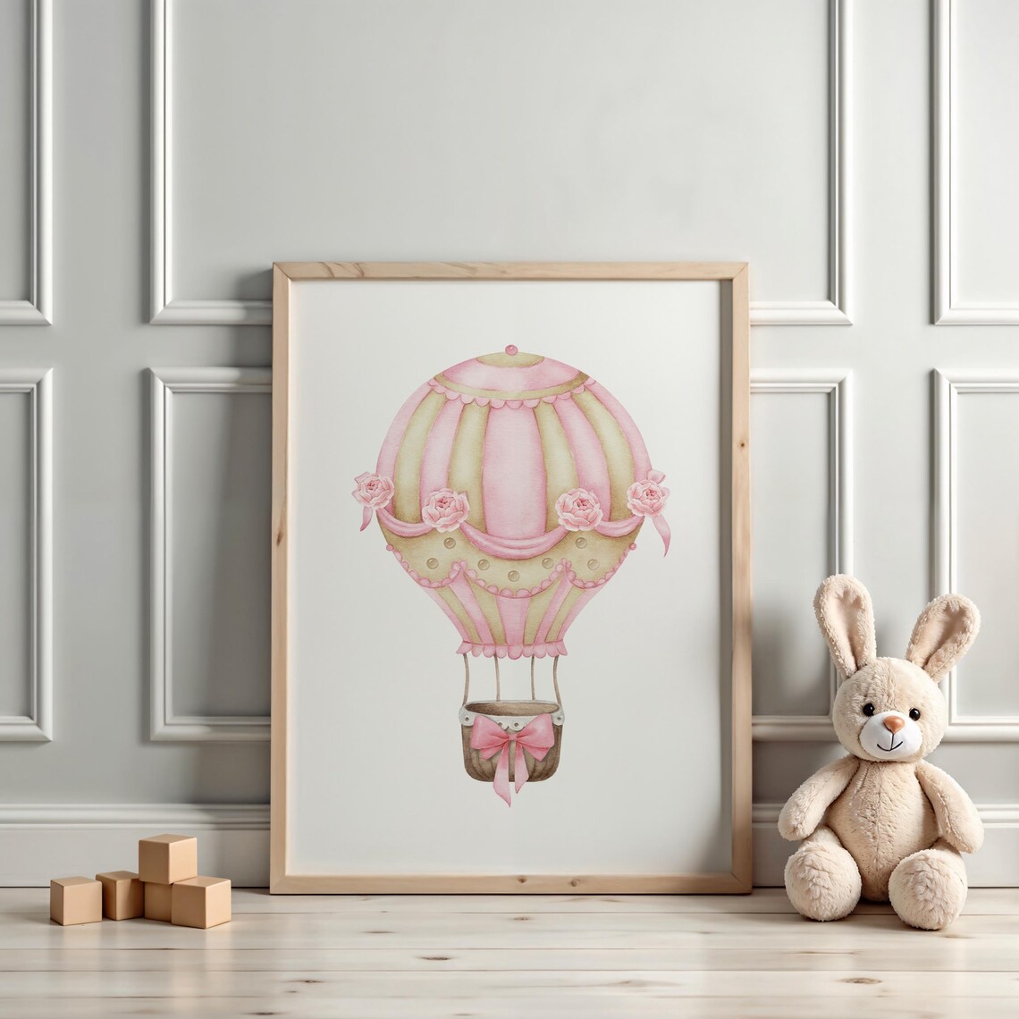 Pink Floral Hot Air Balloon Elegant Watercolor Nursery Wall Art - Image 3