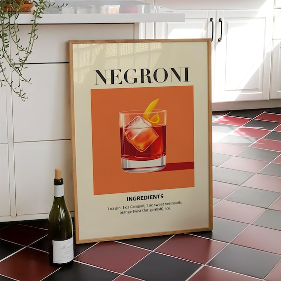 Negroni Cocktail Recipe Poster Retro Orange Bar Cart Kitchen Decor