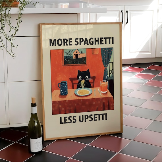 More Spaghetti Less Upsetti Funny Black Cat Pasta Retro Poster