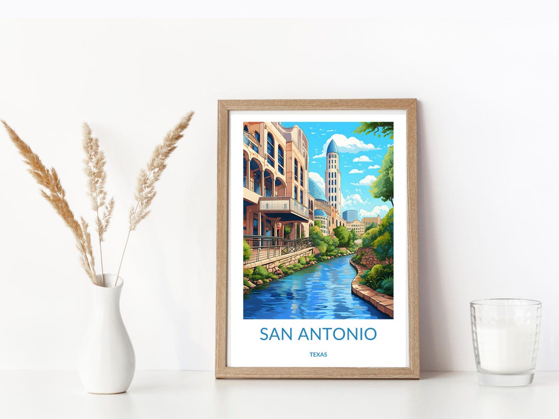 San Antonio Texas River Walk Waterfront Buildings Scene Poster - Image 3