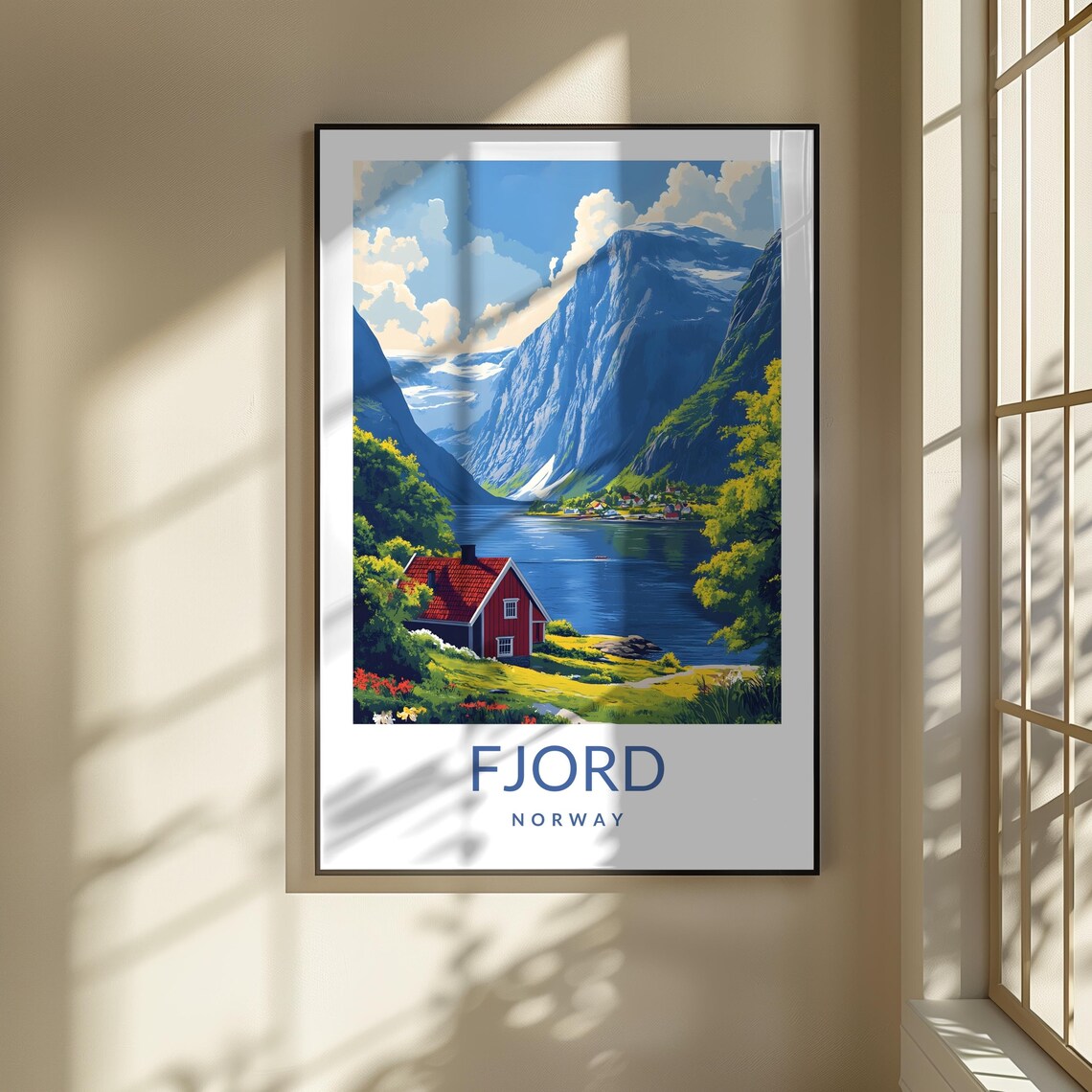 Fjord Norway Red Cabin Mountain Lake Scenic Nordic Travel Poster - Image 3