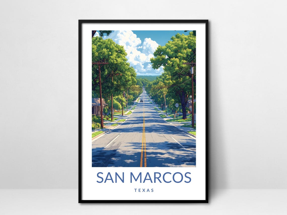 San Marcos Texas Scenic Road Poster Tree Lined Street Hill Country Art