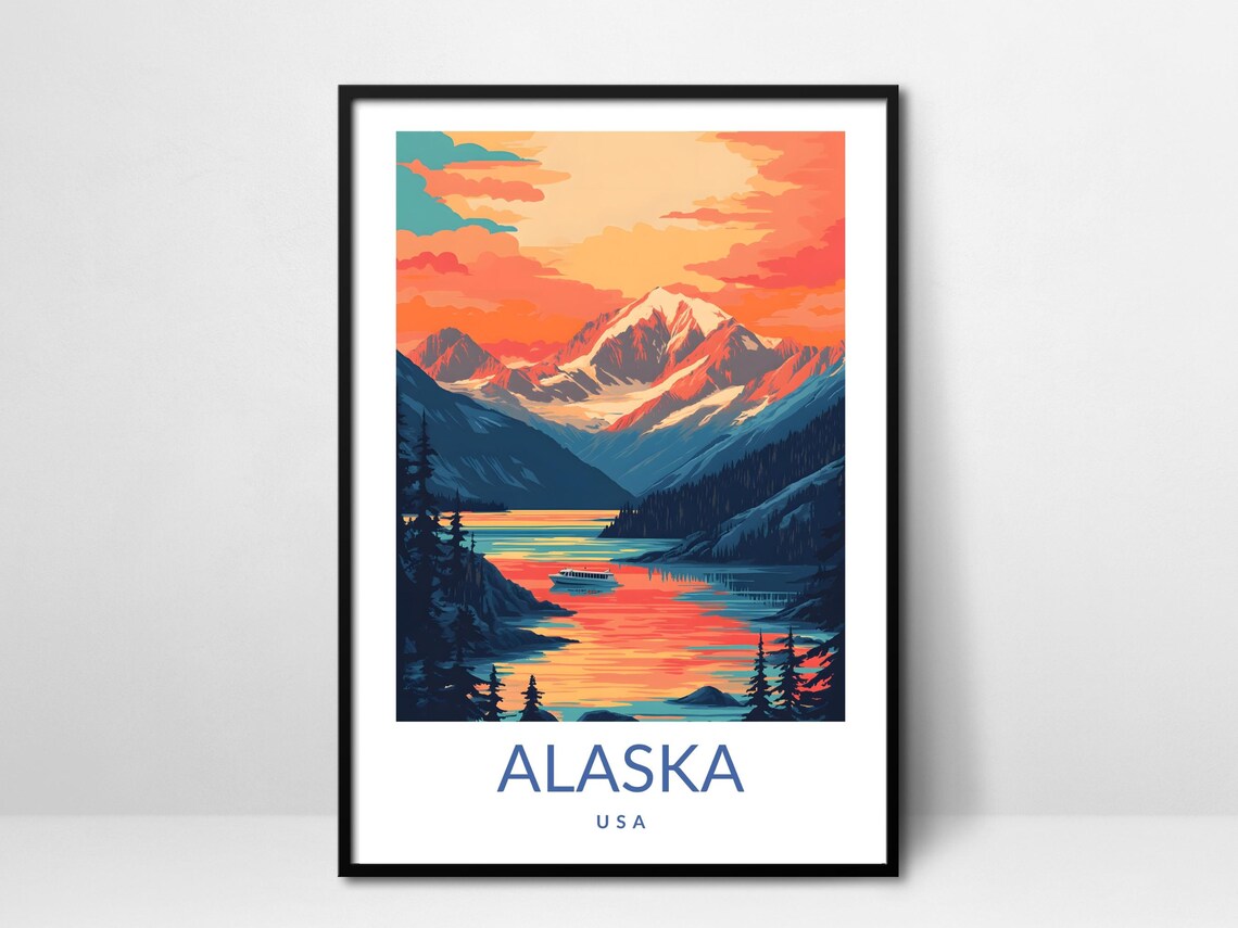 Alaska USA Mountain Lake Sunset Poster Vintage National Park Style Art
