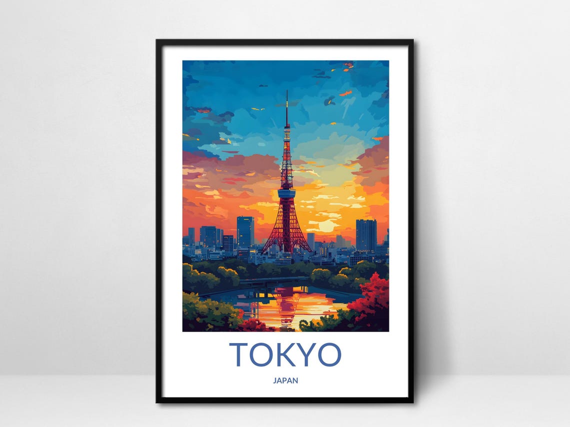 Tokyo Tower Japan Sunset Skyline Autumn Leaves Vintage Travel Poster