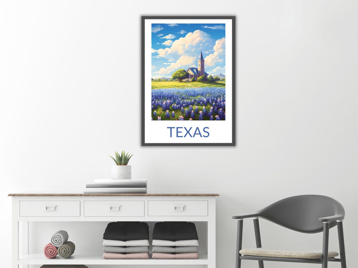 Texas Bluebonnet Field Country Church Steeple Wildflowers Art Poster - Image 2