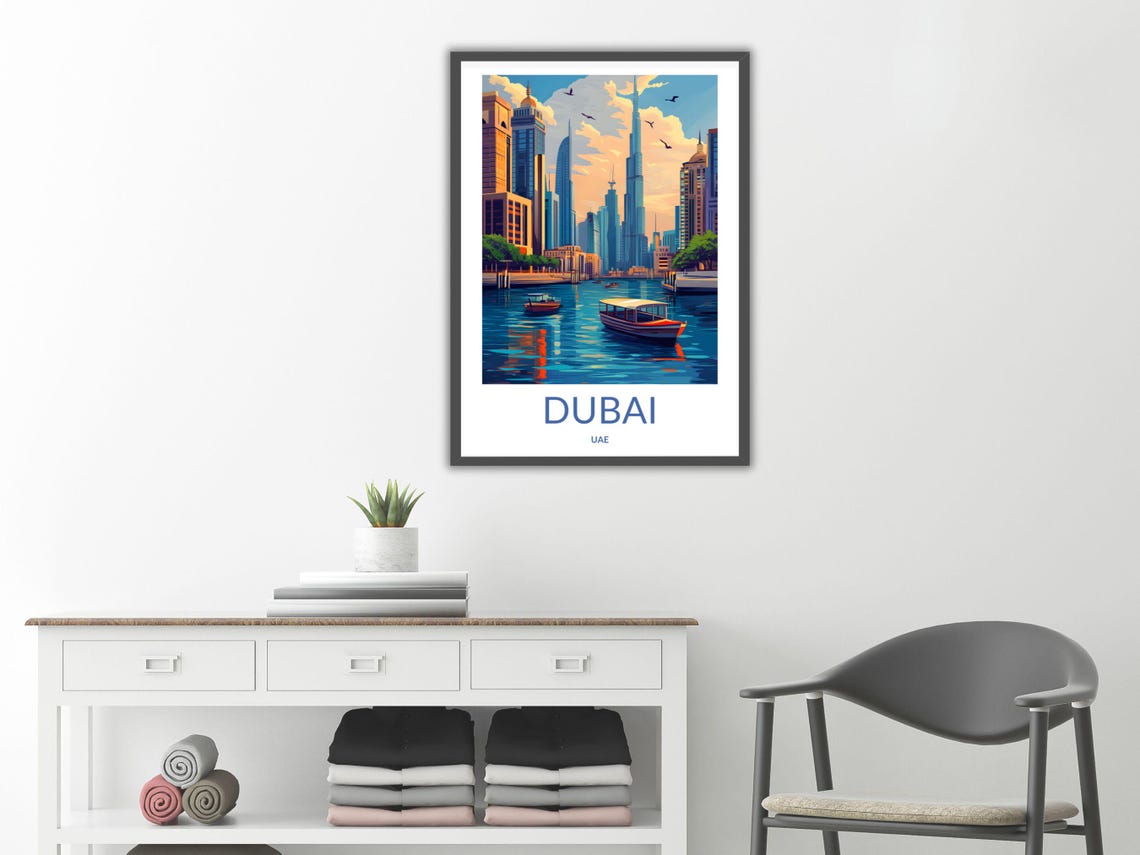 Dubai Marina Sunset Skyline Abra Boats Golden Water UAE Poster - Image 2