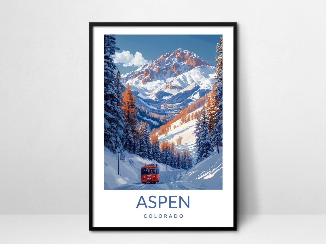 Aspen Colorado Winter Mountain Poster Snowy Train Road Travel Artwork