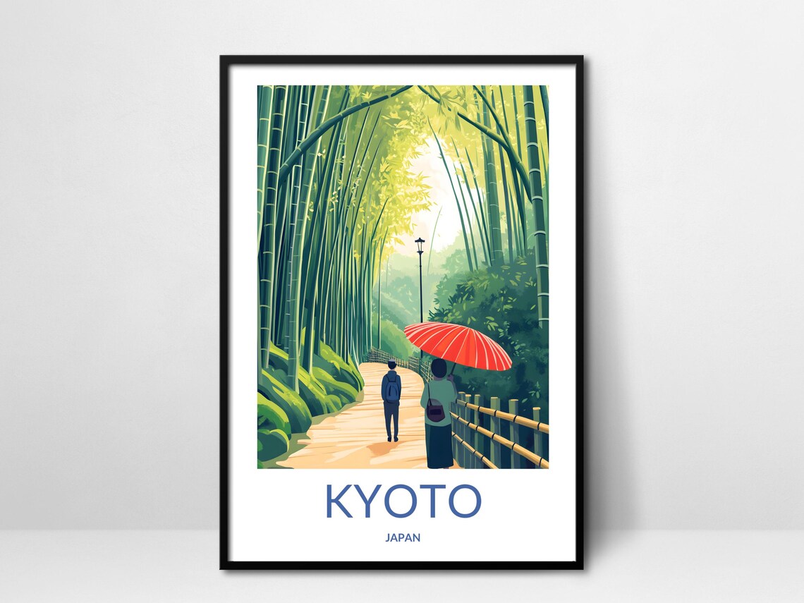 Kyoto Japan Bamboo Forest Path Red Umbrella Figure Serene Walk Poster