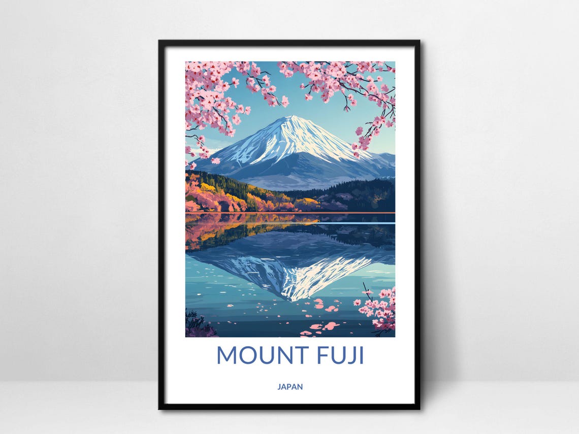 Mount Fuji Japan Cherry Blossoms Lake Reflection Travel Poster