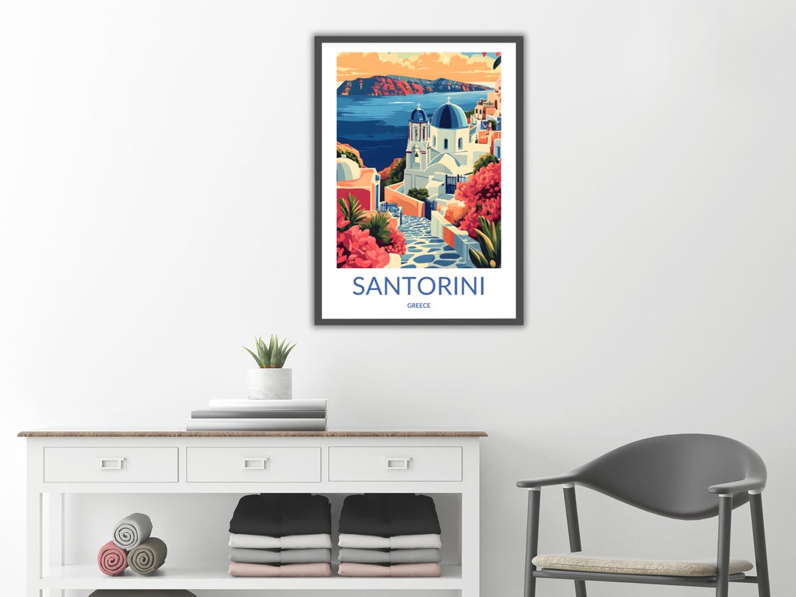 Santorini Blue Dome Church Pink Flowers Sunset Caldera View Poster - Image 2